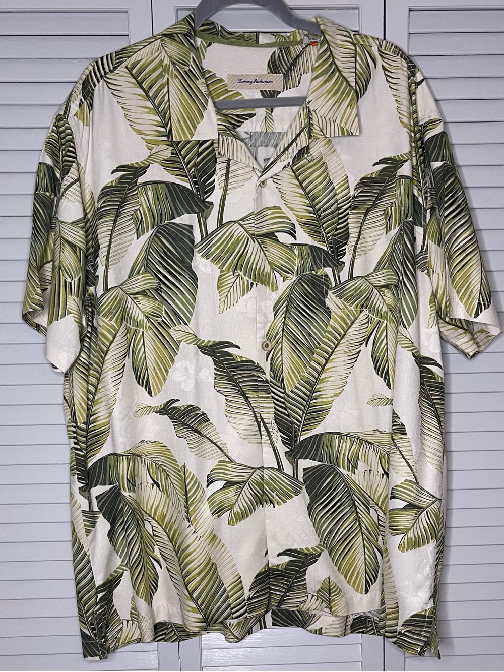 Tommy Bahama 100% Silk Hawaiian Shirt with Green Palm Leaf Print